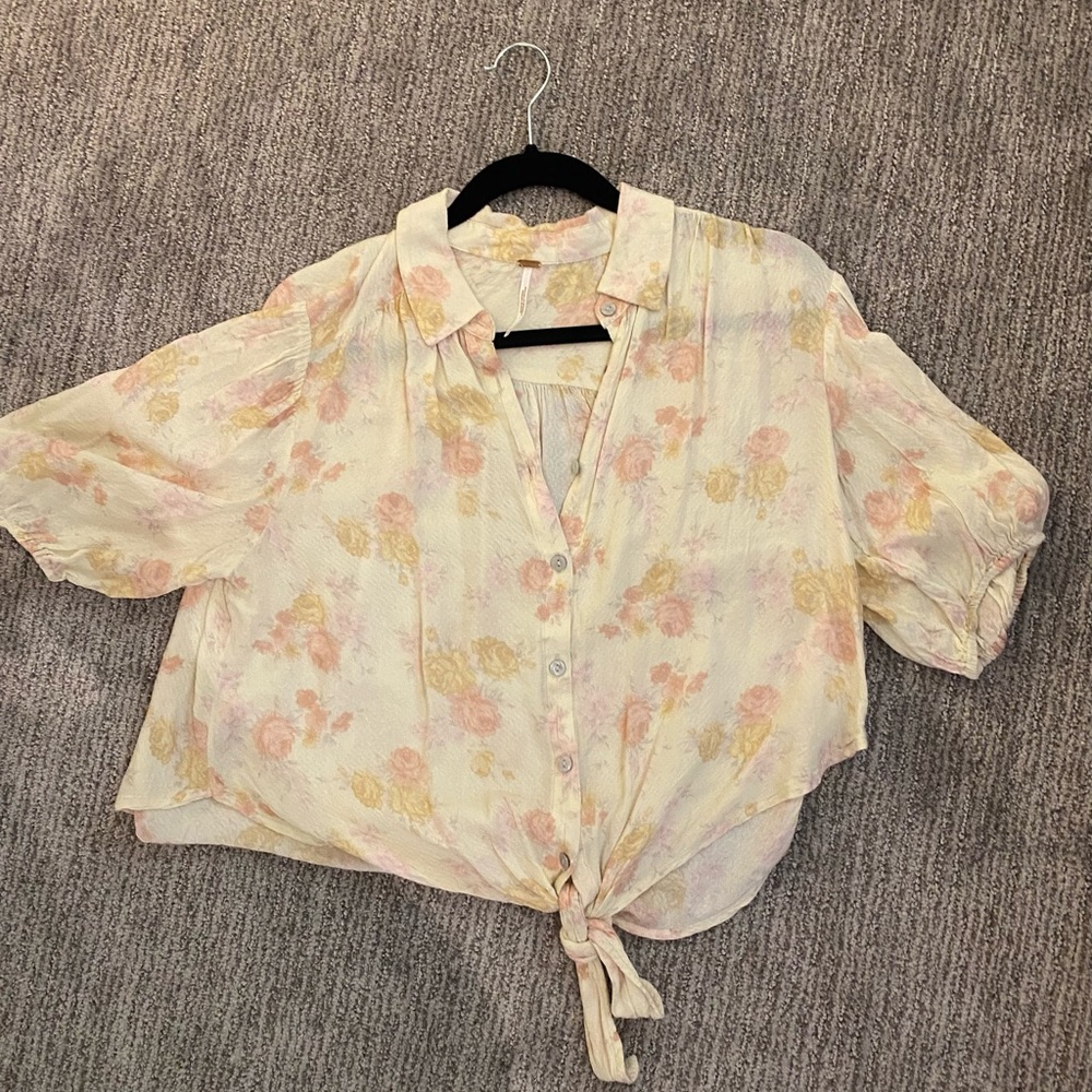 Free people floral crop tie waist blouse